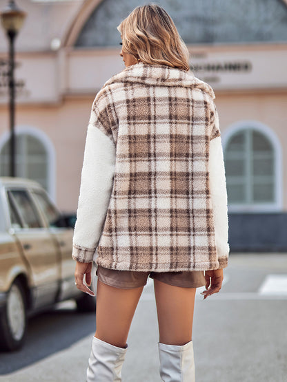 Plaid Dropped Shoulder Teddy Jacket