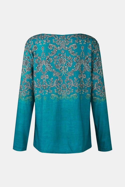 Printed Notched Long Sleeve T-Shirt