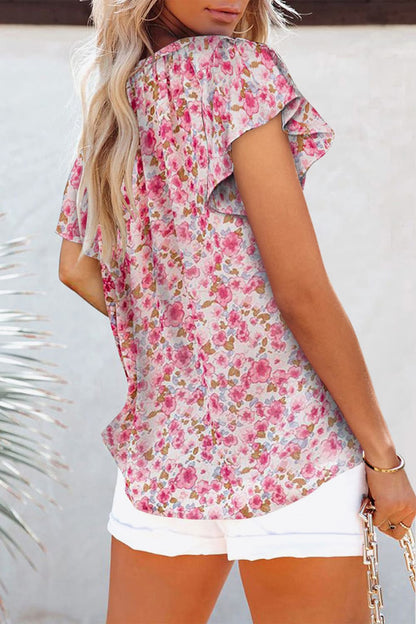 Floral V-Neck Flutter Sleeve Blouse