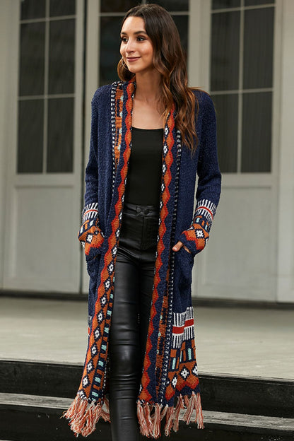 Bohemian Tassel Hem Open Front Duster Cardigan