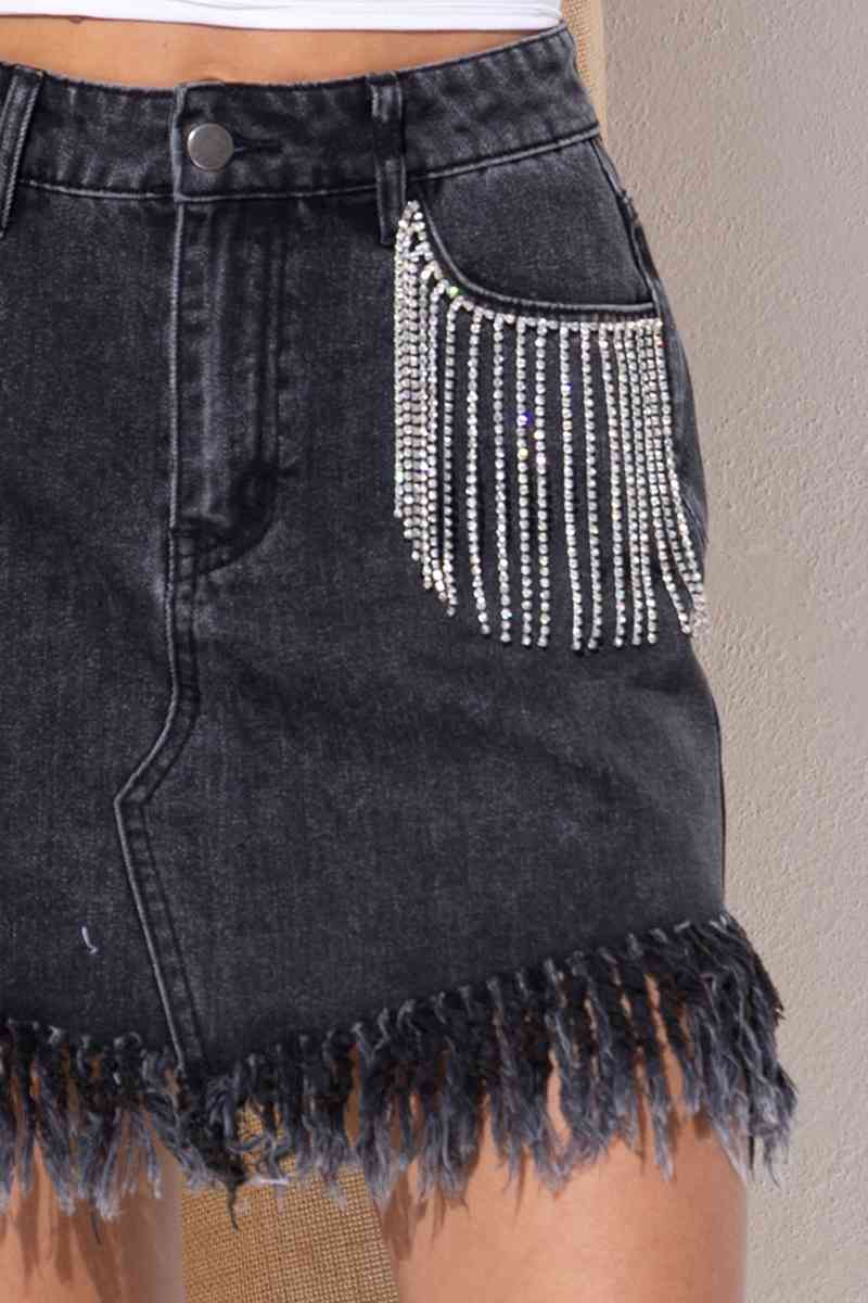 Rhinestone Fringe Denim Skirt