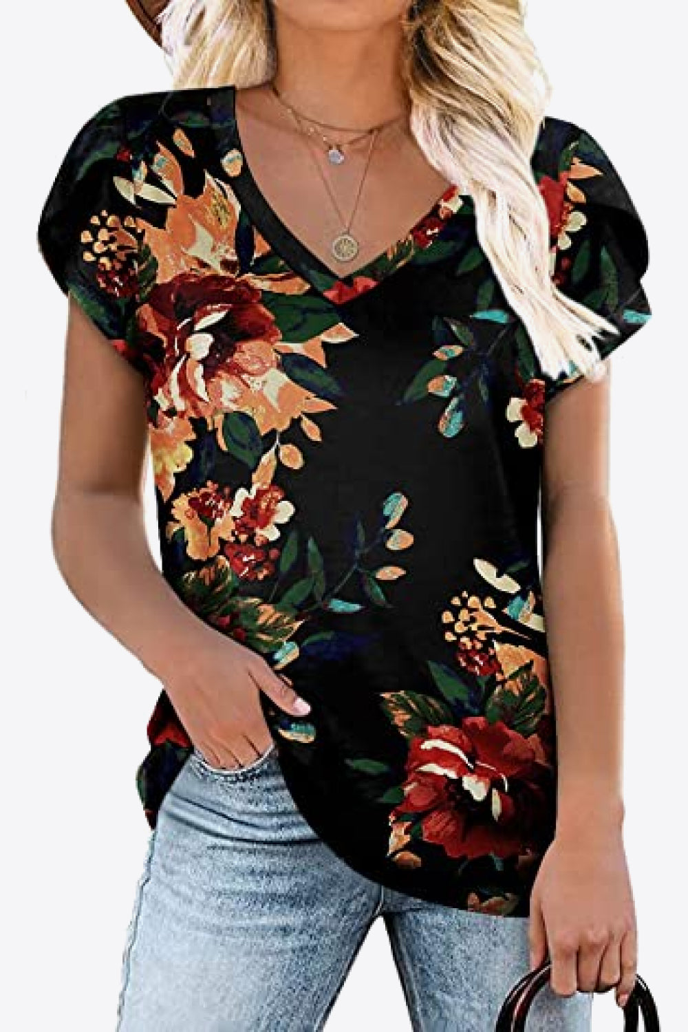 Printed Petal Sleeve V-Neck Blouse