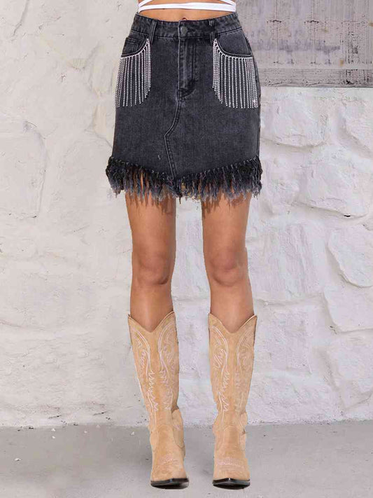 Rhinestone Fringe Denim Skirt