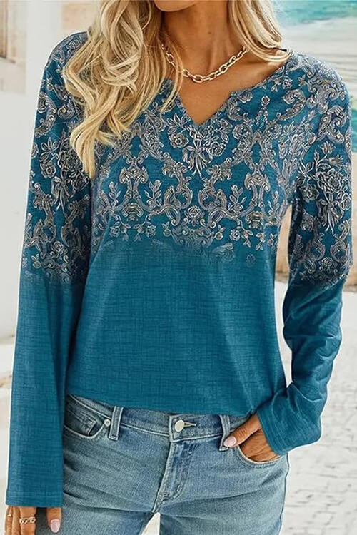 Printed Notched Long Sleeve T-Shirt