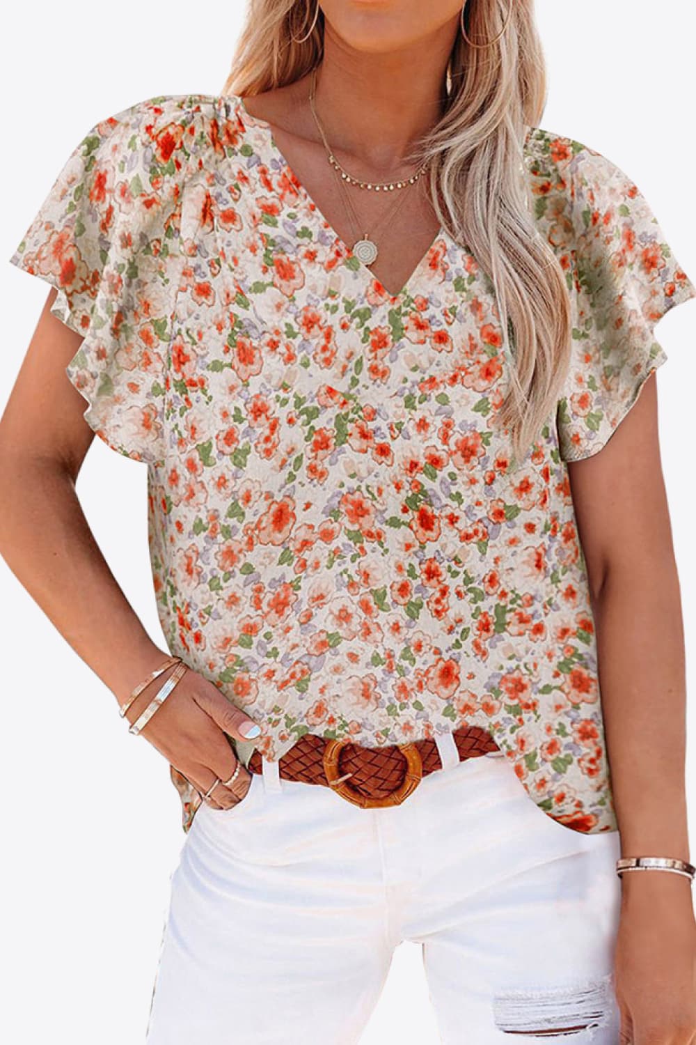 Floral V-Neck Flutter Sleeve Blouse